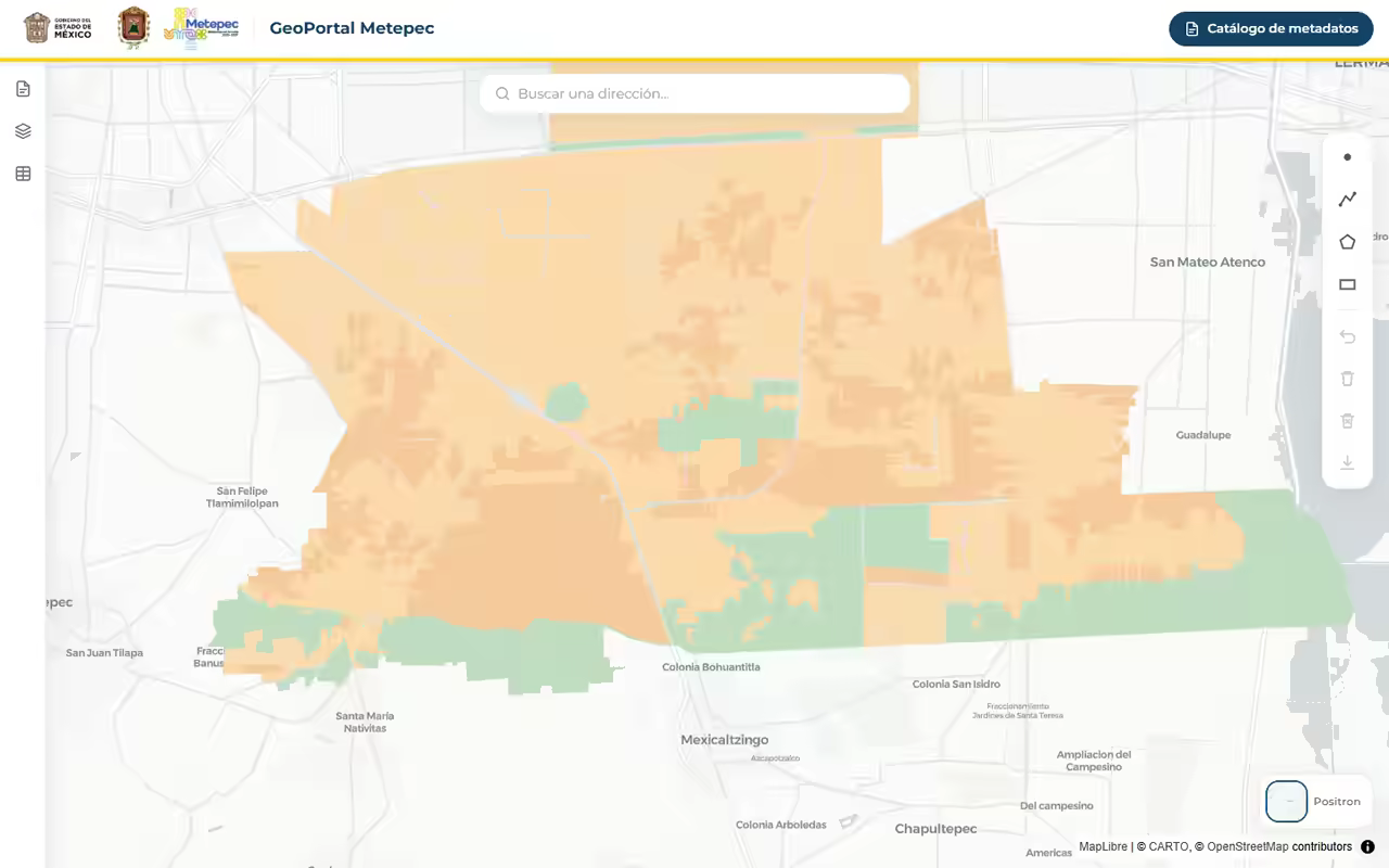 Predio seleccionado en el geoportal público de Metepec, con su ficha cartográfica y uso del suelo.